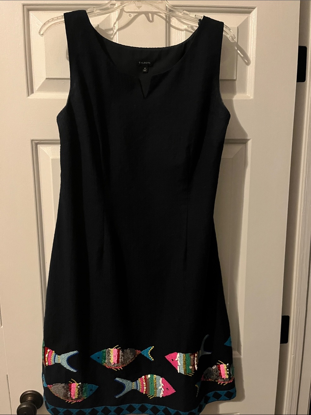 Talbots Navy Sleeveless Dress with Colorful Embroidered Fish Hem